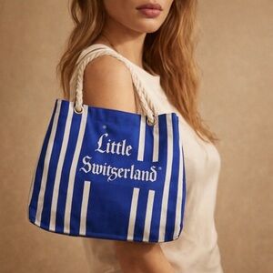 Little Switzerland Blue and White Striped Tote Canvas Bag Rope Handle